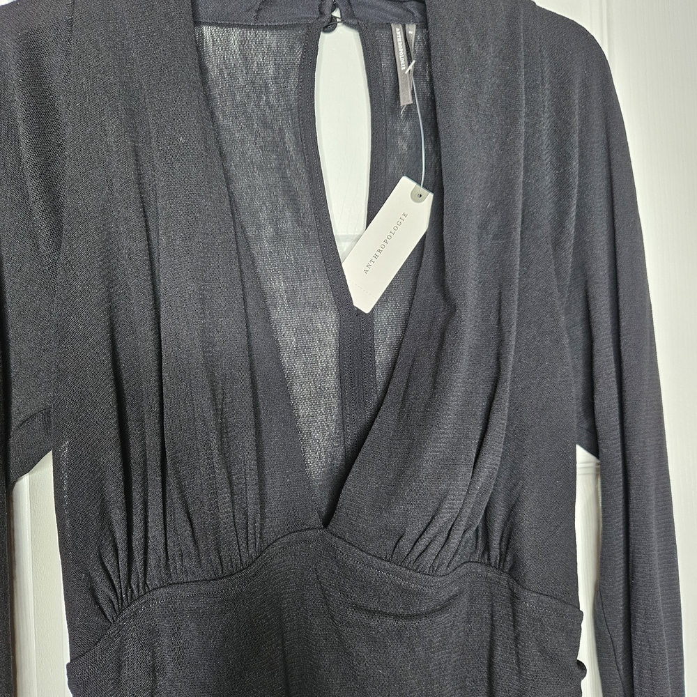 NWT Anthropologie Black Vneck Ruched Midi Mesh Dress Size L - Picture 7 of 11